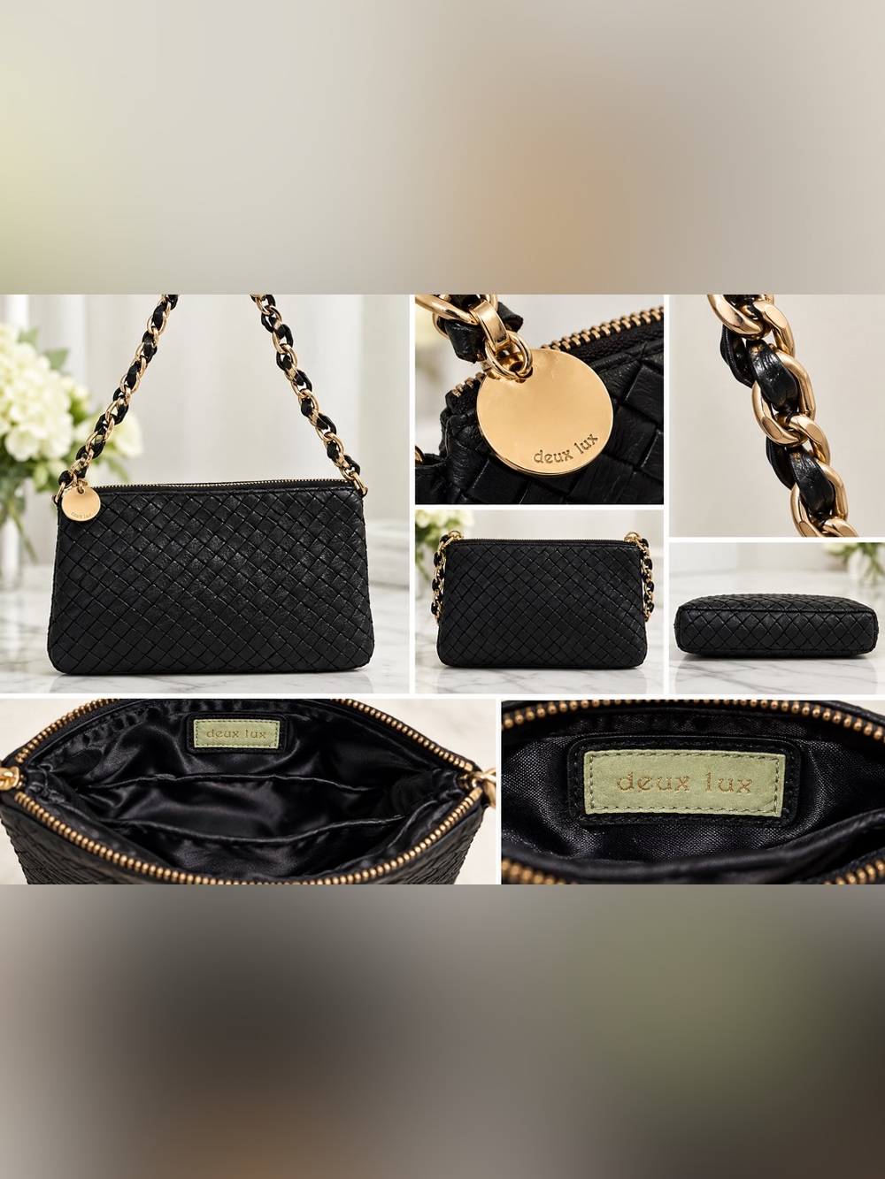 Deux Lux Black Woven Shoulder Bag Gold Chain Mini Purse Clutch